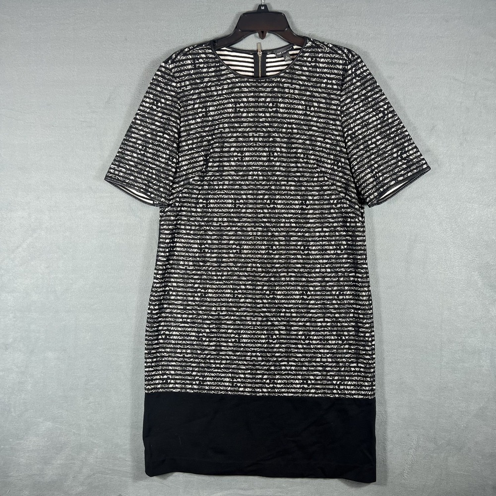 THE LIMITED Women's Black White Gold Stripe Lace Shift Dress Size L Zip Back